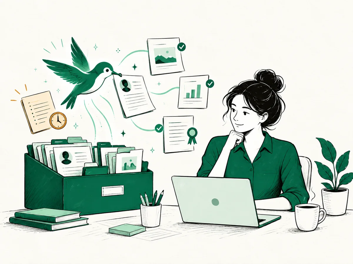 Hand-drawn illustration of a career agent finding and maintaining outdated materials