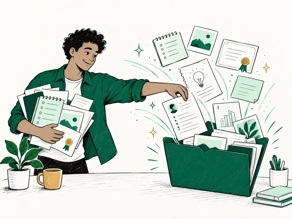 Hand-drawn illustration of adding career materials in different formats to a source library