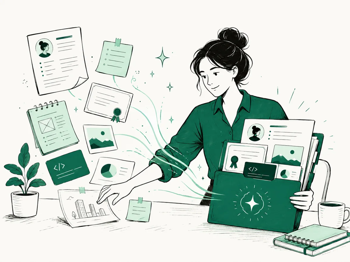 Hand-drawn illustration of organizing career materials into a career profile